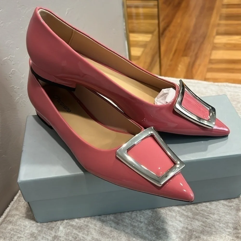 Pointed Toe Pink Vegan Patent Leather Flats with Silver Accent Size 37 It#P03